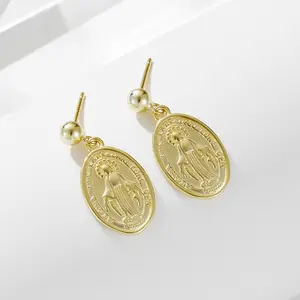 Peishang 925 Sterling Silver Vintage Gold Color Magical Medal Virgin Mary Oval Shaped Earrings