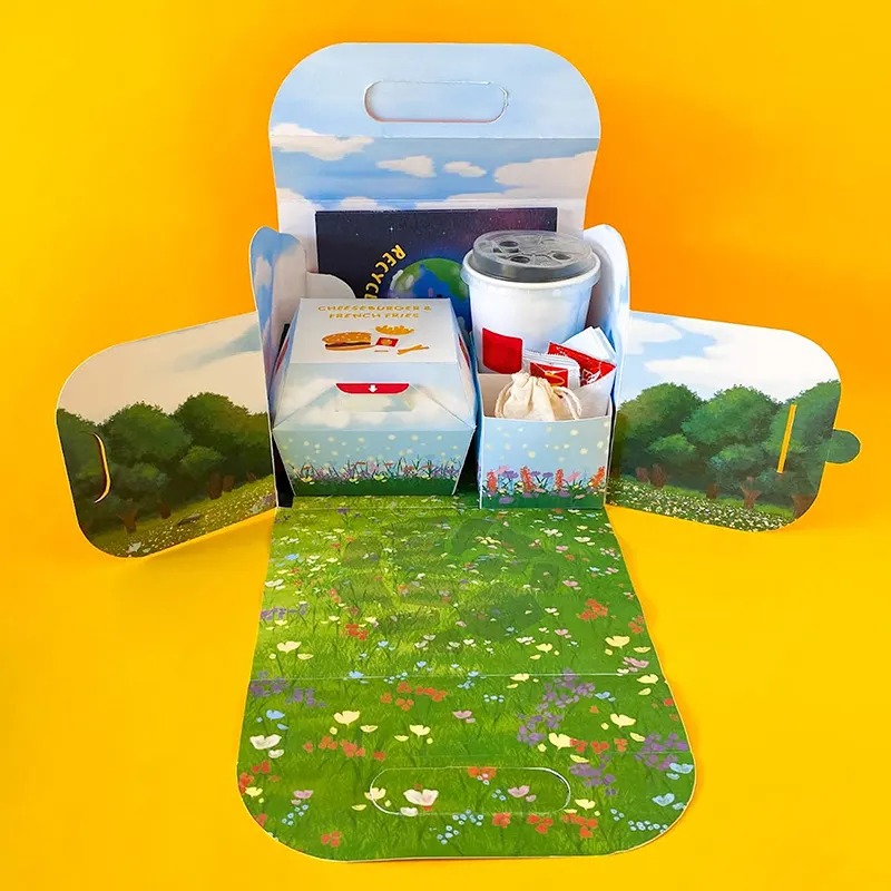 Custom Print Rode Kids Happy Meal Box Nieuwe Speelgoed Mcds Puzzel Opvouwbare Papieren Doos Met Compartiment Burger Gebraden Kip Happy Share