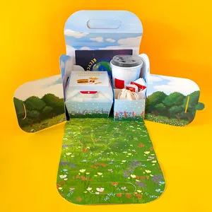 Caja roja de comida feliz para niños con impresión personalizada, nuevo juguete, rompecabezas MCDs, caja de papel plegable con compartimento, hamburguesa, pollo frito, parte feliz