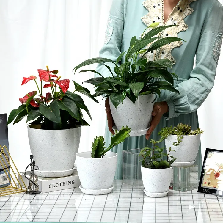Grosir pot bunga plastik Dekorasi vas luar ruangan modern besar sublimasi mewah pot bunga dengan nampan pot