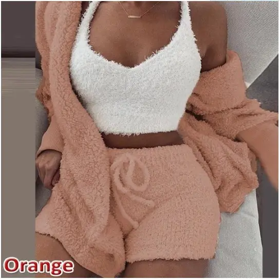 Wholesale 3-piece women home casual set plush women 3 piece tracksuit set casual pajamas long sleeve cardigan vest short pant