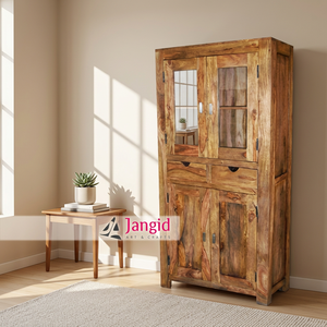Armario moderno de madera maciza de Sheesham y vidrio, hecho a mano, con 4 puertas y 2 cajones, para sala de estar, hotel o casa de campo. - Product Image 5