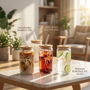 Bicchiere di Lusso Portatile da 16oz 500ml in Vetro con Coperchio, Materiale Senza BPA per Caffè Freddo, Logo Personalizzabile - Product Image 5
