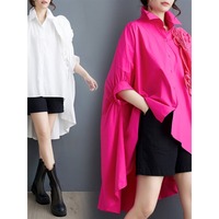 Nouvelle Collection Été 2026 – Chemisier Blanc Oversize à Ourlet Asymétrique, Manches Chauve-Souris 3D Fleur, Grande Taille, Décontracté en Popeline pour Femme – Vente en Gros