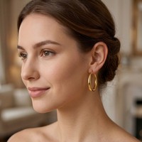 Anting Hoop Besar Berongga Lapis Emas 18K Tembaga untuk Wanita, Perhiasan Telinga Mewah Geometris Kelas Atas Grosir