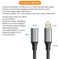 Cable de Extensión USB C 5A Macho a Hembra 20Gbp/s Gen2 USB3.2 Cable de Datos 100W Carga Rápida para Sumsung Huawei Macbook Pro Laptop