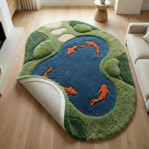 Tapis en laine tuftée texturée motif bassin de koïs et mousse irrégulière, avec détails de poissons bleus et oranges, pour Chambre, Salon, Chambre d'enfant, Enfants, Vente en gros - Product Image 5