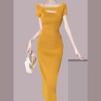 Nouvelle Collection Été : Robe Crayon Chic et Élégante en Nylon, Col Carré, Manches Courtes, Coupe Ajustée, Détails Creux, Sexy