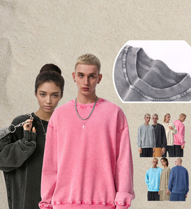 ผู้ผลิตเสื้อผ้า H5617 เสื้อสเวตเชิ้ตแบบวินเทจผ้าฝ้าย 100% หนัก 360 กรัม ซักกรด ทรงคอกลม สำหรับผู้หญิงและผู้ชาย - Product Image 1