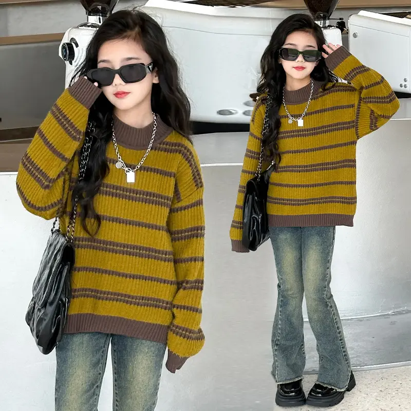 2023 молодых девушек желтый полосатый пуловер вязаный свитер От 5 до 15 лет