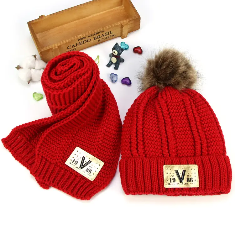Y108021 3-16年冬のファッションニットビーニーインフィニティスカーフセット毛皮ポンポン帽子付き