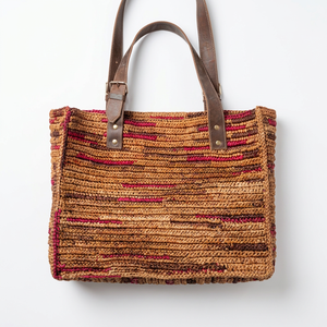 Sac fourre-tout bohème en raphia avec deux poignées en cuir à l'ouverture supérieure, motif rayé, sac à bandoulière grande capacité pour femme, usage quotidien décontracté - Product Image 1