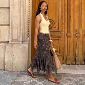 Sketch Floral Fish Tail <b>Mesh</b> Midi <b>Skirt</b> Low Waist Slim Fit French Vintage Hot Girl Elegant Flattering Long <b>Skirt</b> - Product Image 3