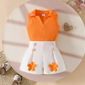 2025 European and <strong>American</strong> Girls Casual Set V-Neck Sleeveless Pit Top with White Applique Shorts Lapel Pants <strong>Style</strong>