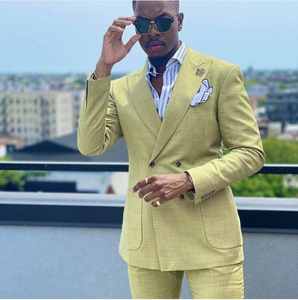 Hete Aanbieding Linnen Smokingpakken voor Heren Dubbel Borstgespeld Op Maat Gemaakt Bruiloftpakken Set Gala Blazer (Jas+Broek) - Product Image 2