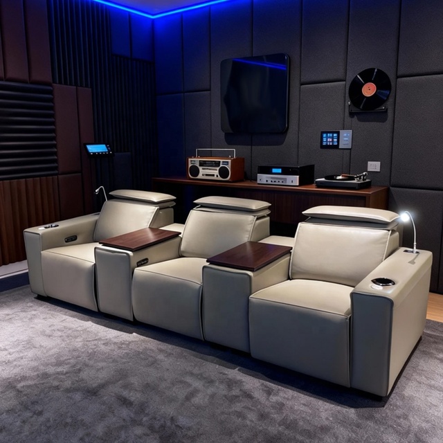 Modern Extendable Home Theater Set Electric Genuine Leather Recliner Sofa VIP Headrest USB Charging Remote Control Cinema