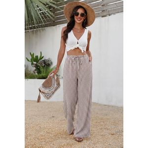Women's Linen Palazzo Pants Wide Leg High Waist <b>Flowy</b> Beach Trousers With Pockets Breathable Summer Wear - Product Image 3