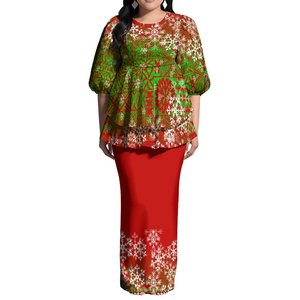 Abiti Maxi Puletasi con Stampa Natalizia, Vestito Personalizzato da Donna con Maniche a Palloncino e Strati di Volant, Set di 2 Pezzi in Stile Samoano Polinesiano - Product Image 5