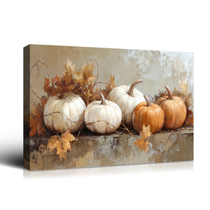 Looife Halloween automne <span class=keywords><strong>citrouille</strong></span> <span class=keywords><strong>nature</strong></span> <span class=keywords><strong>morte</strong></span> toile Art mural-citrouilles orange et blanches avec feuilles d'automne, décor rustique de Thanksgiving - Product Image 1