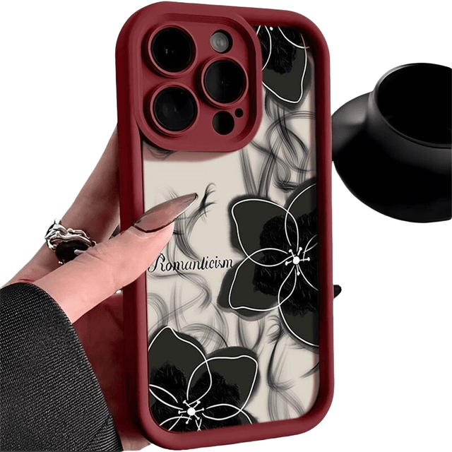 2025 New Cheap Luxury Black Flower Printing Shockproof Anti Fall Frosted TPU All-inclusive Mobile Phone Case for iPhone 11-16