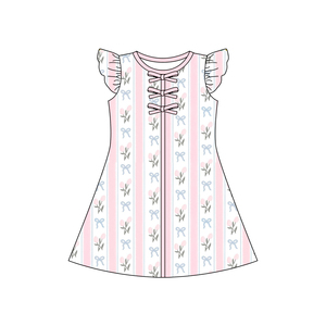 Vestido infantil GSD3856 personalizado para niña, con estampado de flores rosas, lazos y rayas, venta al por mayor, vestido de manga corta para bebé. - Product Image 1