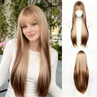 Perruque synthétique longue et droite, blonde et brune, avec frange complète, résistante à la chaleur, pour femmes, usage quotidien, cosplay et fêtes, avec bonnet ajustable – Approvisionnement direct usine