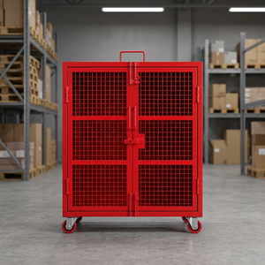 Cage de rangement plateforme en treillis d'acier rouge avec quatre roues, porte mobile thermolaquée et verrouillable pour usage industriel et commercial OEM - Product Image 2