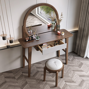 Nordic Solid Wood Dressing <b>Table</b> With <b>Mirror</b> Walnut Color Bedroom Makeup Desk Modern Minimalist Design - Product Image 1