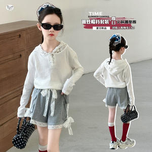 Conjunto de Verano 2026 para Niñas, Sudadera con Capucha de Manga Larga con Ribete de Encaje y Pantalones Cortos con Volantes, Atuendo Transpirable de Algodón y Poliéster para Niñas Grandes - Product Image 5