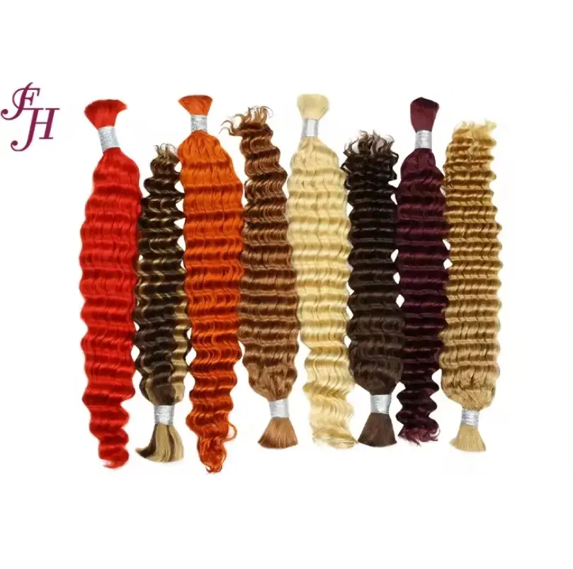 FH cheveux humains cuticule alignée cheveux en vrac vague profonde bouclés brut indien remy cheveux tressage en vrac en gros