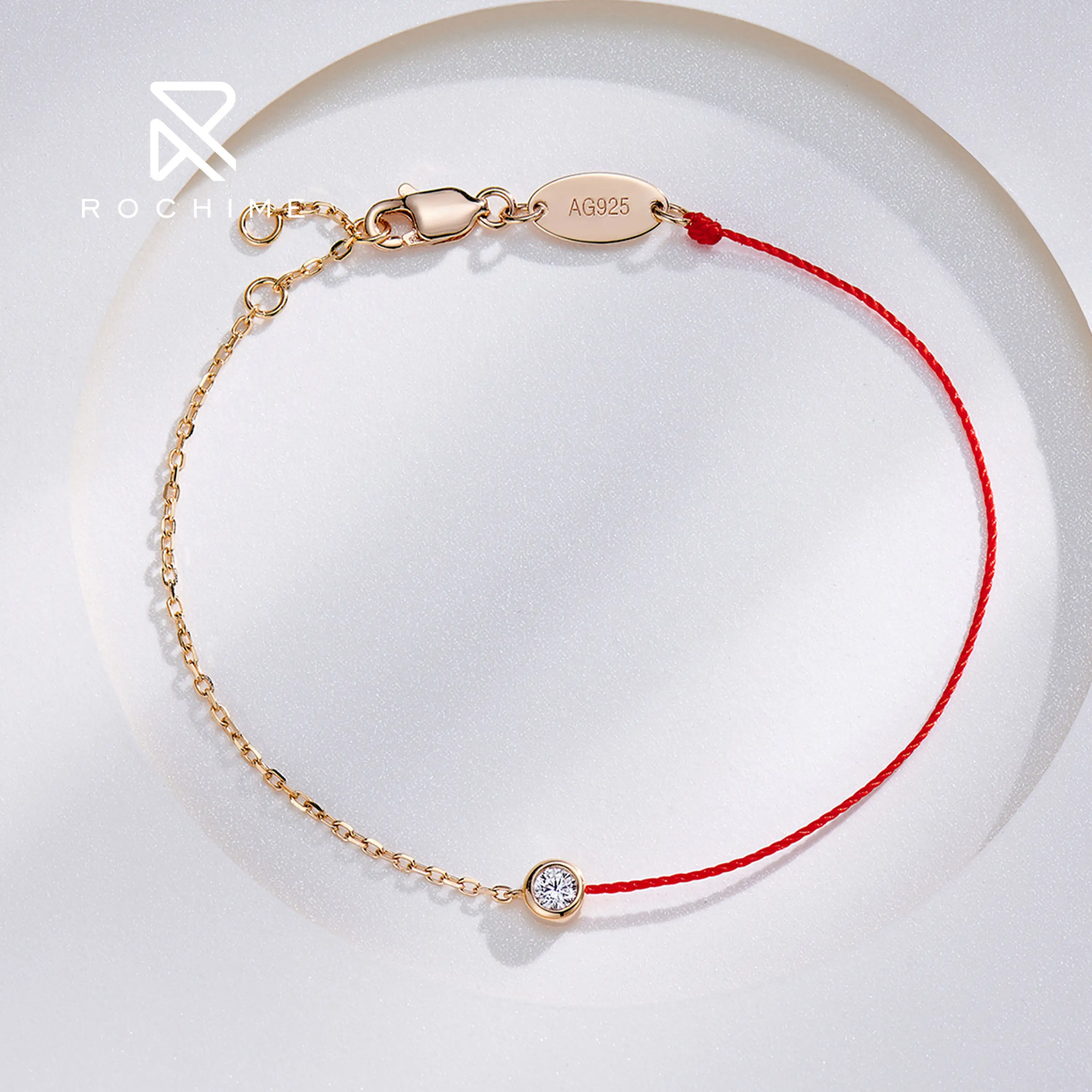 Rochime custom Red rope diamond bracelet fashion jewelry 925 silver gold plated CZ manufacture fine jewelry