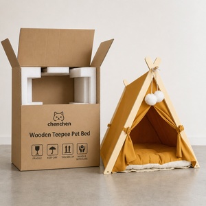 Tente <span class=keywords><strong>tipi</strong></span> pour chat en bois, structure en bois naturel, housse en toile lavable, coussin en peluche, pompons, <span class=keywords><strong>lit</strong></span> pour chat d'intérieur, chatons - Product Image 5