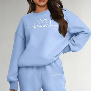 Conjunto de sudadera de lona informal personalizada para mujer con Sudadera con capucha y pantalones largos-Ropa de invierno de dos piezas - Product Image 6