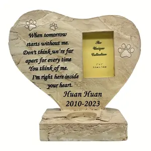 Heart Shaped Pet Memorial Stone with Paw Print, Tombstone with Customizable Photo Frame Slot