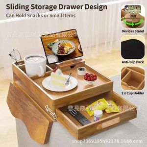 Sofá transfronterizo de madera maciza con portavasos, bandeja, reposabrazos para sillón puf, plato para cenar con cajón extraíble y giratorio - Product Image 3