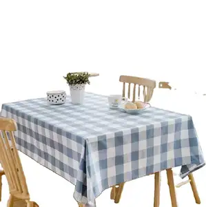 高档纱线编织格子防水提花蓝色桌布家用棉桌布
