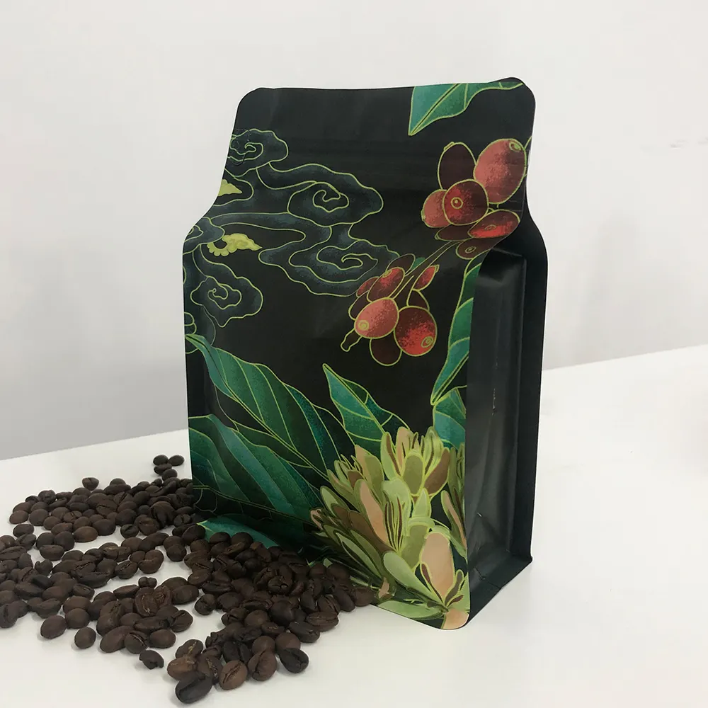 Bolsa de café personalizada de 250g, bolsa de embalaje de alimentos de fondo plano de papel de aluminio reciclable ecológico de fábrica con válvula y cremallera