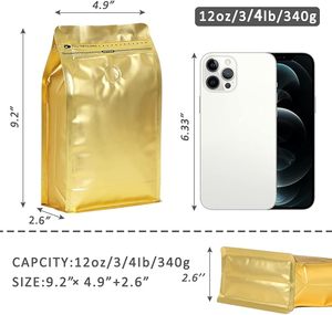 Gold Coffee Bags with Valve (16 oz, 1 lb) Stand <b>Up</b> Pouches Resealable Vented Degassing Valve Easy <b>Open</b> Tape Food Storage Bags - Product Image 2