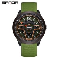 Sanda 9023 Jam Tangan Silikon Hijau Bisnis Fashion Pria dengan Gerakan Kuarsa, Kalender, Tahan Guncangan, dan Tahan Air.
