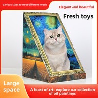 Maison à gratter pour chat en carton ondulé, avec cadre rectangulaire style peinture à l'huile vintage, pour chats d'intérieur toutes saisons