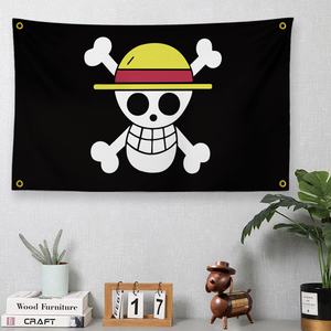 Bandera de los <span class=keywords><strong>Piratas</strong></span> del Sombrero de Paja de <span class=keywords><strong>One</strong></span> <span class=keywords><strong>Piece</strong></span>, Bandera de Calavera de Anime para Decoración de Dormitorio y Fanáticos, Bandera Pirata Negra del Sombrero de Paja de Luffy - Product Image 1