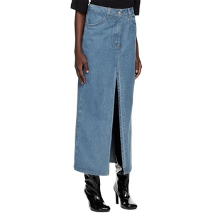 กระโปรงยีนส์ผู้หญิง ผ้าฝ้าย 100% สีน้ำเงิน ทรงบอยเฟรนด์ สไตล์ลำลอง กระโปรงยีนส์เดนิมยาวแบบแม็กซี่ - Product Image 4