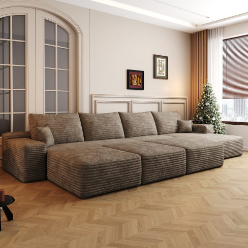 Canapé-lit - Chaise droite - 3 places - 3 poufs (Camel)