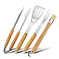 Accessoires de barbecue en bois de caoutchouc et acier inoxydable, ensemble de 4 outils de barbecue avec spatule, fourchette, pinces, brosse à barbecue