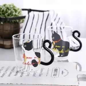 300ml 화이트 캣 데칼 만화 캐릭터 고붕규산 유리 머그컵 (손잡이 포함) 우유/주스용 재사용 가능 선물 상자 포장 (성인용) - Product Image 1