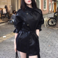 Manteau noir mi-long de style coréen, veste en cuir pour femme, nouveau style automne-hiver, col montant, trench-coat ceinturé