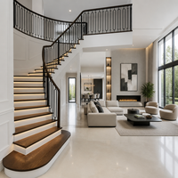 Escalier intérieur en bois courbé avec rampe en fer forgé, marches en bois massif, design moderne pour villa et maison, main courante intérieure