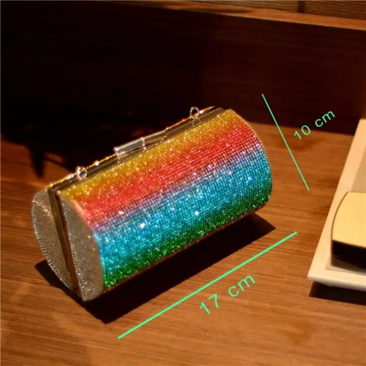 Borsa da pranzo con strass arcobaleno borsa a tracolla con cilindro a diamante Color donna pochette per banchetti