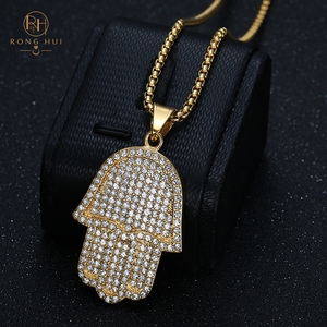 RH HIPHOP 18K oro placcato in acciaio inox <span class=keywords><strong>Hamsa</strong></span> collana ciondolo diamante personalizzato intarsio per festa per bambini di moda - Product Image 4