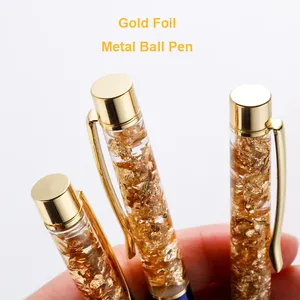 Luxus-Stiftset Benutzer definiertes Logo Goldfolie Metallkugel schreiber 24 Karat Goldblatt Floating Golden Flakes Metall kristalls tift mit Box
